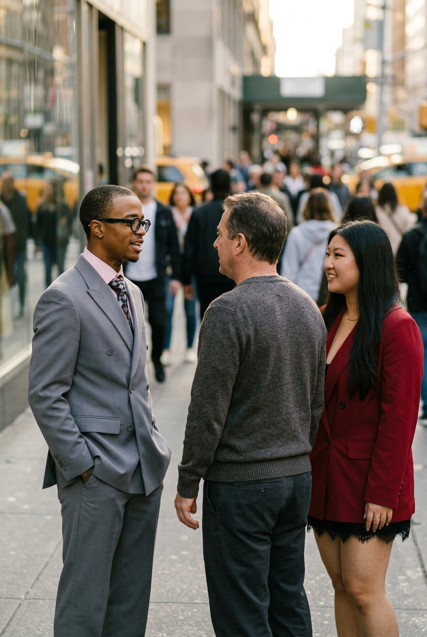 The 917 Collective team, professionally dressed, speaking with customers on a busy New York sidewalk