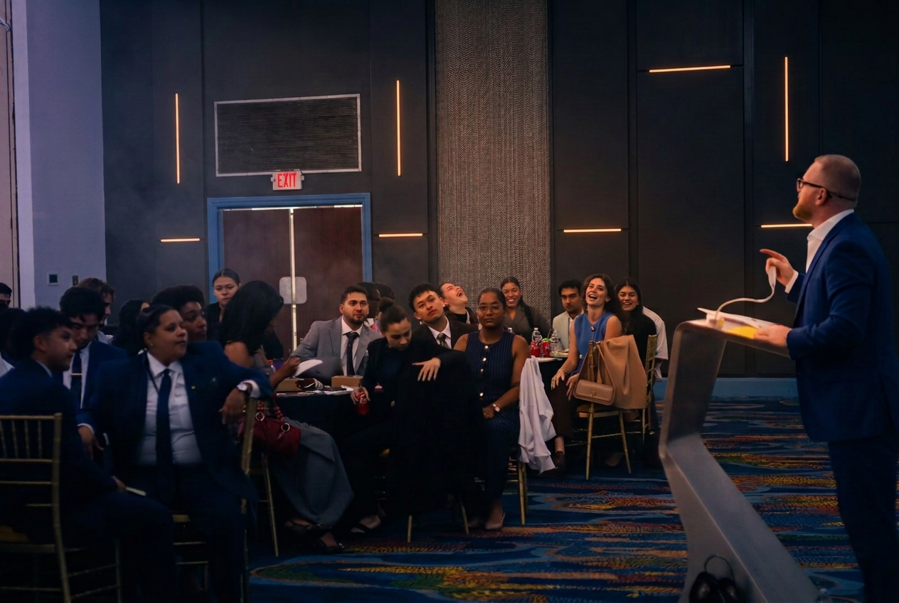 A 917 Collective team member in a navy suit addressing a seated room of professionals at a New York briefing