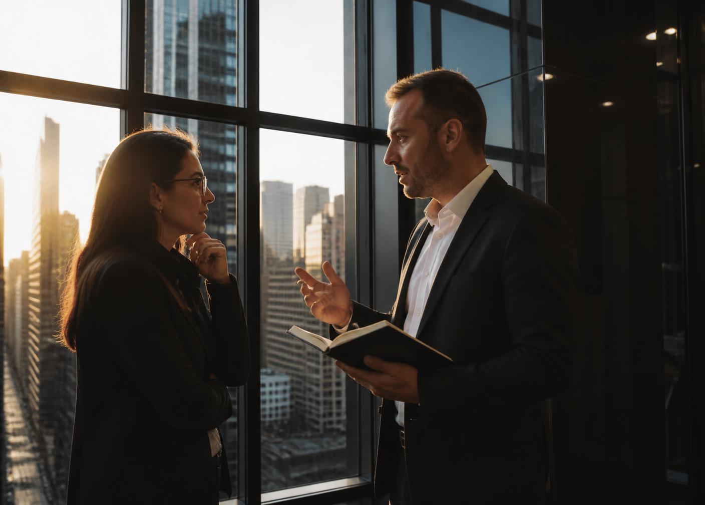 A one-to-one coaching conversation beside a window overlooking the New York skyline