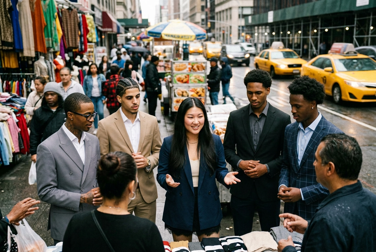 The 917 Collective team in suits working a busy New York sidewalk, talking with customers